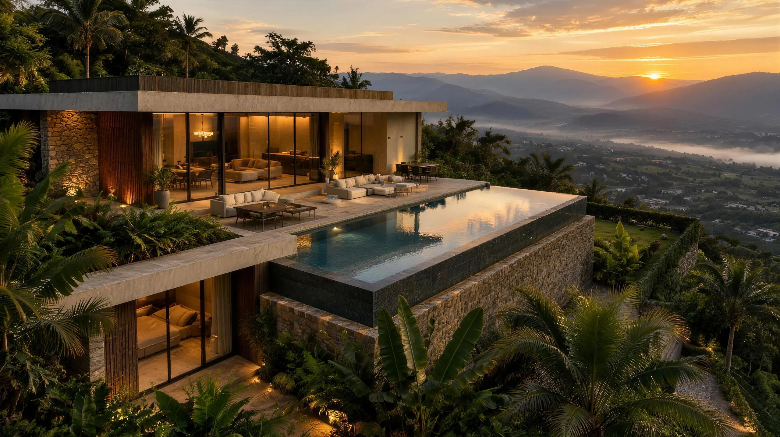 Casa contemporánea de lujo con piscina infinita sobre las montañas de Antioquia al atardecer