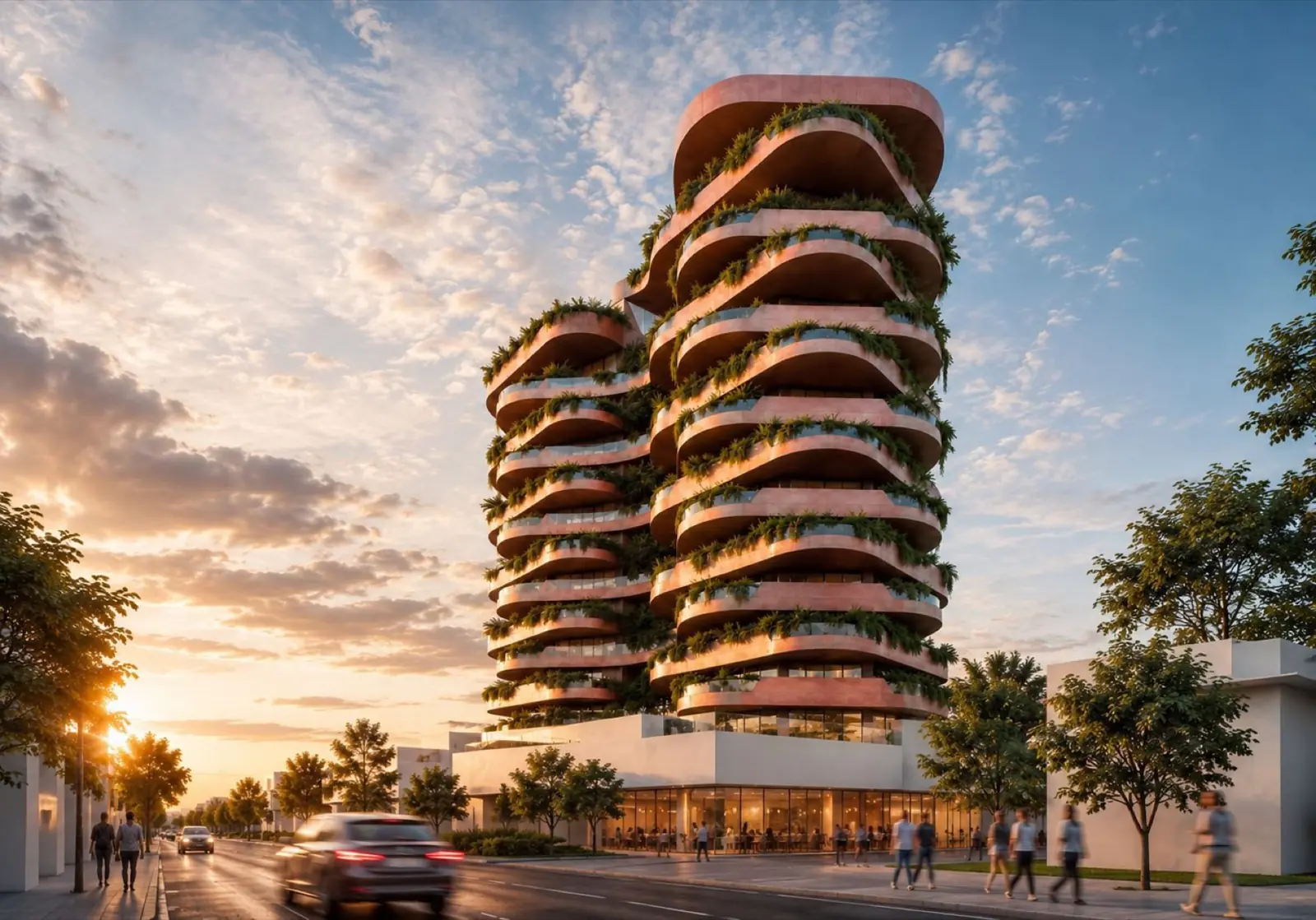 Render de la torre de El Vallenato P.H. al atardecer